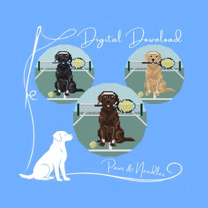 May include: Digital download featuring three pixel art Labrador Retrievers holding tennis rackets, set against a tennis court backdrop. The dogs are black, brown, and golden. A white dog silhouette and the text "Paws & Needles" are also present on a blue background.