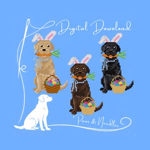 May include: Digital download featuring cross-stitch Labrador Retrievers wearing bunny ears and holding Easter baskets. The dogs are in shades of tan, brown, and black, with a white outline of a dog on a light blue background. Text reads "Digital Download" and "Paws & Needles."