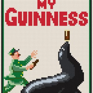 Op de afbeelding: Een gepixeld beeld met de tekst "My Goodness My Guinness" in het rood. Het toont een man in een groen uniform die een drankje aanbiedt aan een zwarte zeehond. De afbeelding heeft een groene en zwarte rand.