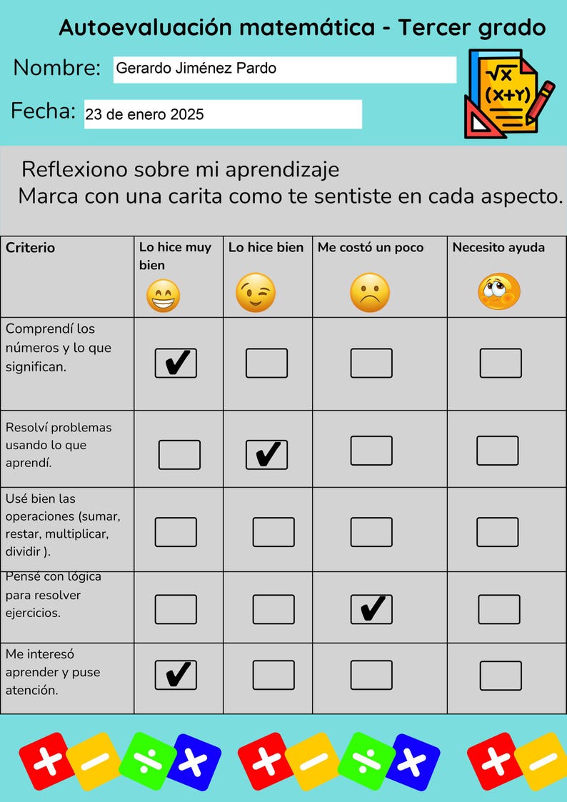 Math Seld Inventory Simple Self-assessment Rubric for 3rd Grade Mathematics (NEM) - Editable PDF ...