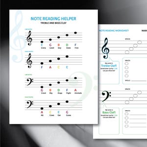 Może przedstawiać: Dwa białe arkusze ćwiczeń z teorii muzyki. Jeden zatytułowany "Note Reading Helper" z przykładami klucza wiolinowego i basowego. Drugi to "Note Reading Worksheet" z pustymi liniami do ćwiczeń.