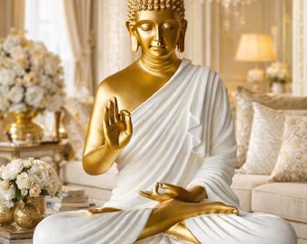 Large Meditating Buddha Statue | Gold White Polyresin Sculpture | Spiritual Home Decor