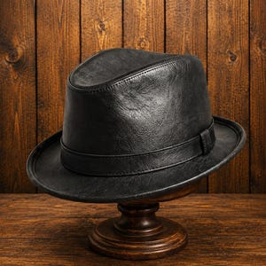 Läder Fedora Hatt Svart Vintage Hatt Handgjord Steampunk Hatt Bred Brätte Klassisk Herr Retro Kostym Festival Gåva