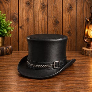 May include: A black top hat featuring a smooth finish, a wide brim, and a decorative band around the base. The band includes a silver-toned metal chain detail and a matching silver-toned rectangular buckle, creating a structured appearance.