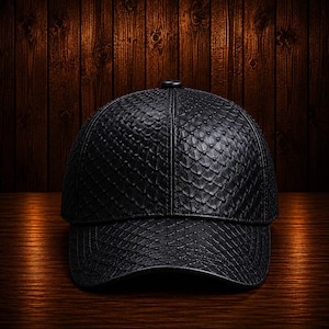 Black Python Leather Baseball Cap Exotic Luxury Unisex Fashion Hat