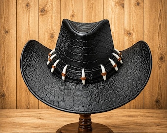 Crocodile Hat Western Cowboy Hat Gothic Western Hat Black Leather Tusk Accent Festival Costume Gift for Men