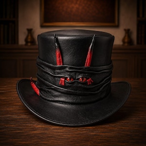 May include: A black leather top hat with red accents. The hat features a wide brim and a cylindrical crown. Red horns and eyes are incorporated into the design, giving it a unique and gothic aesthetic. The hat is displayed on a wooden surface.