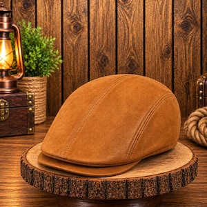 May include: A tan suede flat cap featuring a rounded crown, a short stiff brim, and visible stitched seams that run along the top and sides of the cap, creating a structured and smooth appearance with a consistent matte texture throughout.
