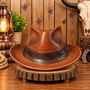 Könnte beinhalten: Ein brauner Leder-Fedora-Hut mit einer strukturierten Krokodilleder-Optik und einem glatten, dunkelbraunen Lederband um die Krone. Der Hut hat eine eingedrückte Krone und eine breite, geschwungene Krempe mit einem rustikalen Aussehen.
