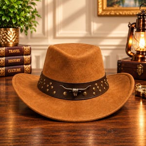 Pode incluir: Um chap&eacute;u fedora de feltro castanho-claro com uma faixa de couro castanho-escuro adornada com tachas met&aacute;licas e um emblema central prateado de um cr&acirc;nio de touro. O chap&eacute;u tem uma copa estruturada e uma aba larga ligeiramente curva.