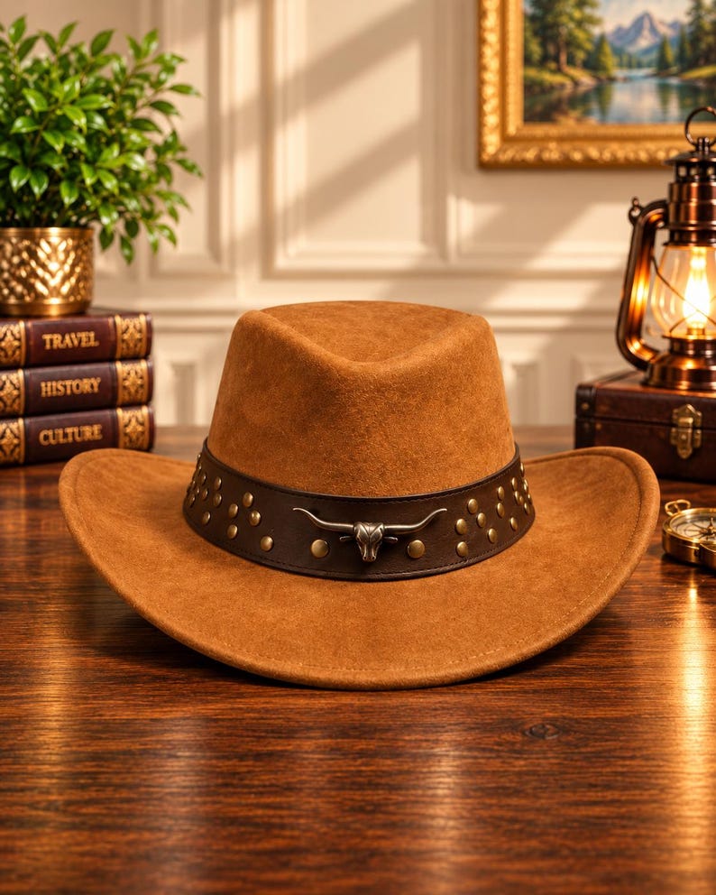 Pode incluir: Um chap&eacute;u fedora de feltro castanho-claro com uma faixa de couro castanho-escuro adornada com tachas met&aacute;licas e um emblema central prateado de um cr&acirc;nio de touro. O chap&eacute;u tem uma copa estruturada e uma aba larga ligeiramente curva.