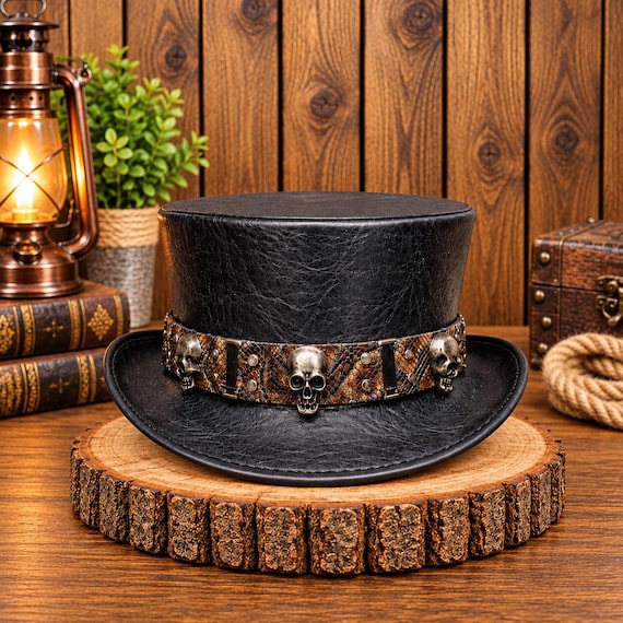Leather Top Hat, Gothic Hat, Skull Costume, Black Steampunk Victorian Hat, Handmade Alternative Fashion Headwear for Men Women