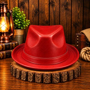 Peut inclure: Un chapeau fedora rouge vif doté d'une calotte structurée et d'un large bord. Le chapeau présente une texture lisse semblable à du cuir et une bande rouge assortie entourant la base de la calotte. Le design inclut un sommet pincé classique.