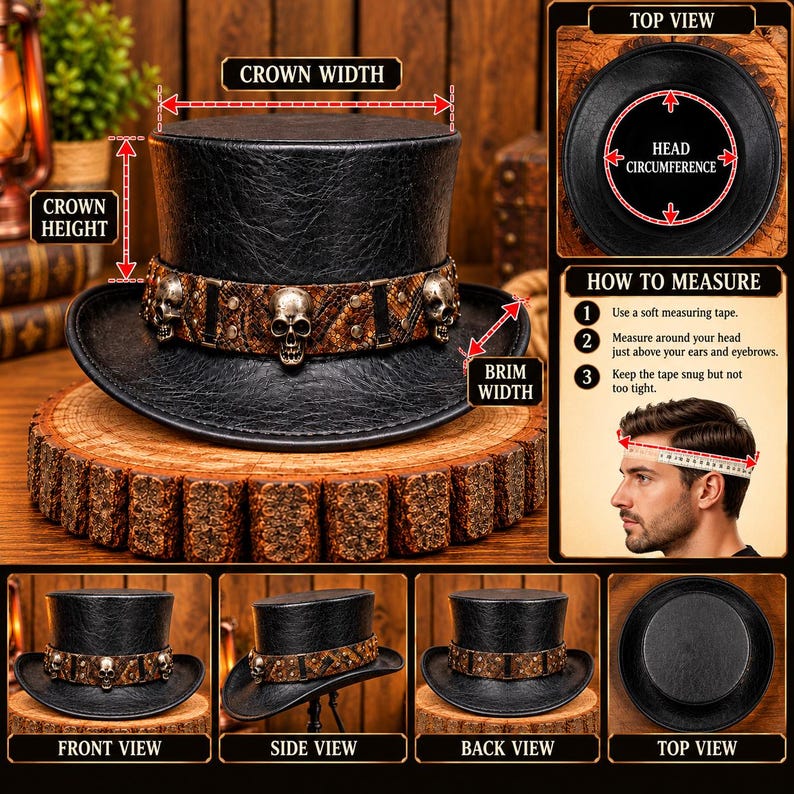 Leather Top Hat, Gothic Skull Headwear, Black Steampunk Victorian Costume for Men and Women, Alternative Fashion Gift image 3