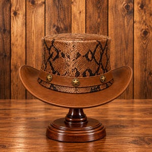 May include: A top hat featuring a brown and black snakeskin pattern on the crown and brim. A smooth brown leather band encircles the base of the crown, decorated with three evenly spaced metallic star studs in a brass finish.