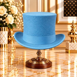 May include: A light blue top hat with a matching ribbon band, displayed on a gold-toned metal stand with a circular wooden base. The hat features a flat crown and a curved brim, showcasing a uniform felt-like texture throughout the exterior.