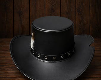 Black Leather Outlaw Cowboy Hat: Wide Brim, Feather Accent, Gothic Western Style