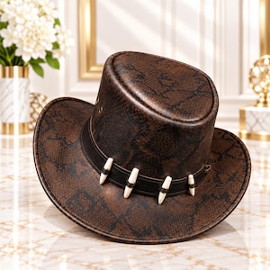May include: A brown hat with a dark brown snakeskin pattern, featuring a wide brim and a tall, cylindrical crown. A black band encircles the base of the crown, decorated with four evenly spaced, white, tooth-shaped accents held by small black cords.