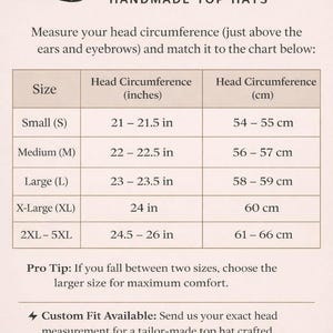 Pode incluir: Uma tabela de guia de tamanhos para cartolas feitas &agrave; m&atilde;o com um &iacute;cone de cartola preta. A tabela lista tamanhos de Small a 2XL-5XL com medidas de circunfer&ecirc;ncia da cabe&ccedil;a em polegadas e cent&iacute;metros, al&eacute;m de instru&ccedil;&otilde;es para pedidos sob medida.