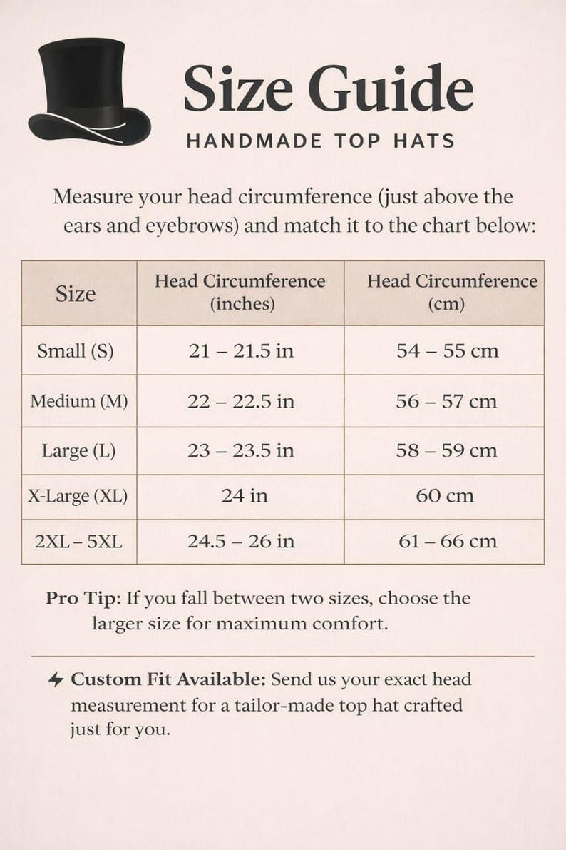 Pode incluir: Uma tabela de guia de tamanhos para cartolas feitas &agrave; m&atilde;o com um &iacute;cone de cartola preta. A tabela lista tamanhos de Small a 2XL-5XL com medidas de circunfer&ecirc;ncia da cabe&ccedil;a em polegadas e cent&iacute;metros, al&eacute;m de instru&ccedil;&otilde;es para pedidos sob medida.