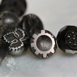Antique Black Glass Buttons - 12pc - Various Designs and Patterns