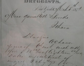 Antique 1872 Druggist Invoice- Payment Received- Antique Note