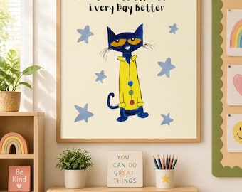 Póster imprimible para el aula con actitud positiva / Arte de pared inspirado en Pete el Gato / Decoración para fomentar la mentalidad de crecimiento / Decoración para el aula de jardín de infancia / 18x24