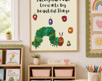 Póster imprimible de La oruga muy hambrienta para el aula / Arte mural sobre mentalidad de crecimiento / Decoración de primavera para el aula / Imprimible para profesores 18x24