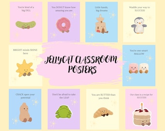 10 carteles para el aula inspirados en Jellycat / Citas de animales de comida en tonos pastel (Descarga digital)