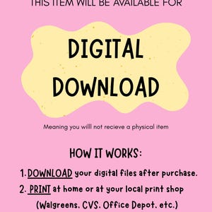 Puede incluir: Fondo rosa con texto: "ESTE ART&Iacute;CULO ESTAR&Aacute; DISPONIBLE PARA DESCARGA DIGITAL." Instrucciones: Descargar, Imprimir, Enmarcar. Tambi&eacute;n se incluye el texto "Lo que significa que no recibir&aacute; un art&iacute;culo f&iacute;sico".