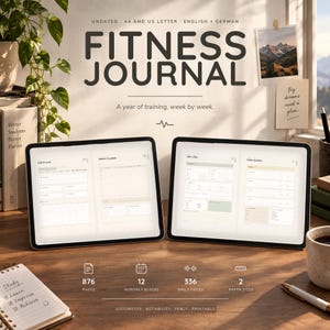 Op de afbeelding: Een digitaal fitnessjournaal weergegeven op twee tablets, met maandelijkse, wekelijkse en dagelijkse planningspagina's. De tekst luidt Fitness Journal, A year of training, week by week, 876 pages, 12 monthly blocks, 336 daily pages, 2 paper sizes.