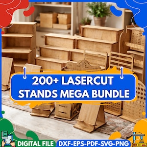 200+ laserskurna stativpaket | Displayställ SVG | DXF för Glowforge | CNC-träbearbetningsmönster | Digital nedladdning