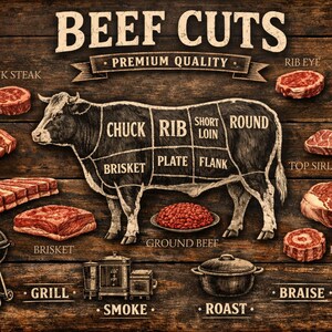 May include: A rustic wooden sign displays a detailed diagram of beef cuts, including Tomahawk steak, rib eye, and brisket. The text "BEEF CUTS" and "PREMIUM QUALITY" are prominently featured, along with grilling and cooking methods.