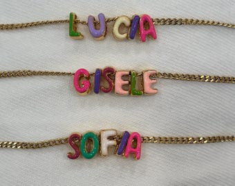 Personalized Bubble Letter Necklace, Colorful 3D Enamel Charm, Gold Plated Waterproof Stainless Steel Chain