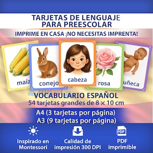 Könnte beinhalten: Spanische Vokabelkarten für Vorschulkinder. Die Karten zeigen Abbildungen von Mais, einem Kaninchen, einem Mädchenkopf, einer Rose und einer Puppe. Die Karten sind 8 x 10 cm groß.