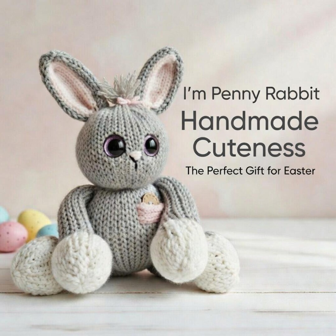Adorable Knitted Stuffed Bunny - Gray Rabbit Plush Toy, Sparkly Eyes ...