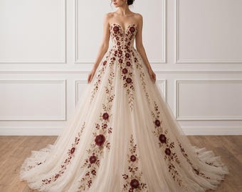 Burgundy Floral Embroidered Tulle Wedding Dress | Fairytale Fantasy Bridal Gown | Romantic Botanical Ball Gown | Unique Wedding Dress