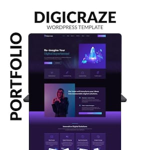 Puede incluir: Un portafolio digital que muestra una plantilla de WordPress. El diseño presenta una combinación de colores púrpura oscuro y azul con el texto "DIGICRAZE" y "WORDPRESS TEMPLATE". El portafolio incluye secciones para diseño web, marketing digital y desarrollo de aplicaciones.