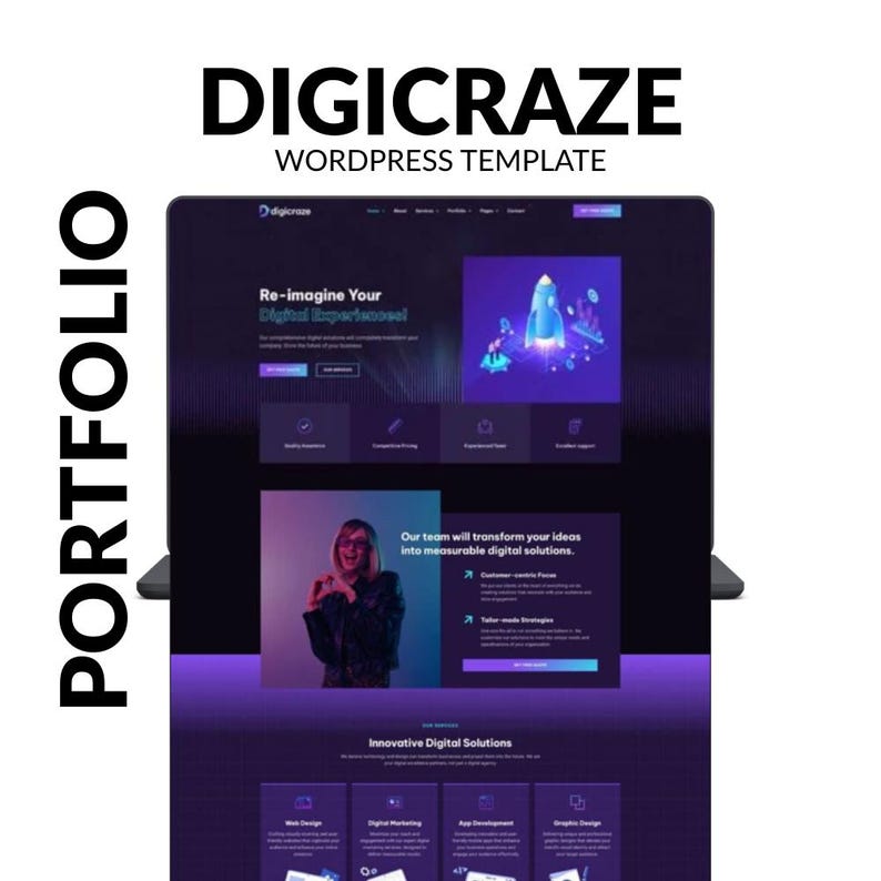 May include: A digital portfolio showcasing a WordPress template. The design features a dark purple and blue color scheme with the text "DIGICRAZE" and "WORDPRESS TEMPLATE". The portfolio includes sections for web design, digital marketing, and app development.