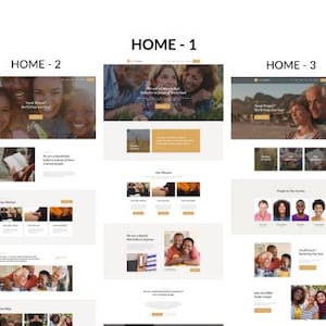 May include: A website design mockup with three different homepage layouts. Each layout features images of people and text, including the phrases "Need Prayer? We'll Pray For You" and "We are a church that believes in Jesus."
