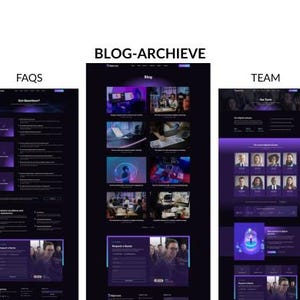 May include: Three website page mockups with a dark purple and blue color scheme. The pages are labeled "FAQs", "BLOG-ARCHIVE", and "TEAM". Each page features text and images, with a focus on digital services and team members.
