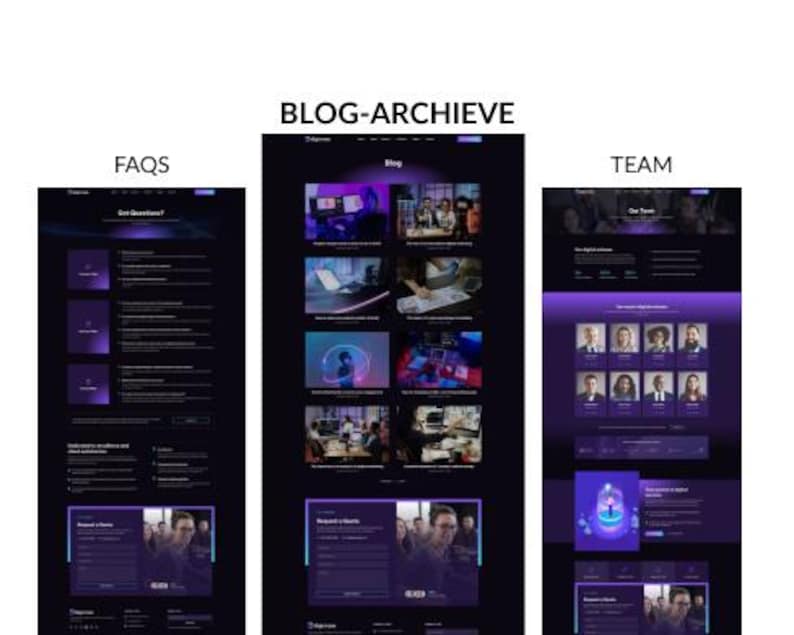 May include: Three website page mockups with a dark purple and blue color scheme. The pages are labeled "FAQs", "BLOG-ARCHIVE", and "TEAM". Each page features text and images, with a focus on digital services and team members.