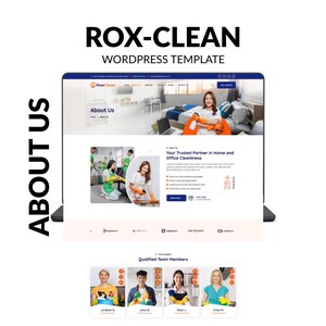 May include: A laptop screen displays a website template for Rox-Clean, a cleaning service. The website features images of cleaning staff and the text "About Us" and "Your Trusted Partner in Home and Office Cleanliness". The template includes a section for qualified team members.