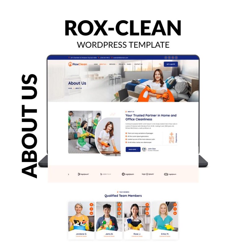 May include: A laptop screen displays a website template for Rox-Clean, a cleaning service. The website features images of cleaning staff and the text "About Us" and "Your Trusted Partner in Home and Office Cleanliness". The template includes a section for qualified team members.