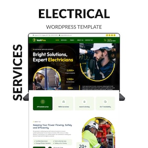 Könnte beinhalten: Ein Laptop-Bildschirm zeigt eine Website-Vorlage für Elektro-Dienstleistungen. Die Website enthält den Text "ELECTRICAL WORDPRESS TEMPLATE" und "Bright Solutions, Expert Electricians". Das Design beinhaltet Bilder von Elektrikern und Service-Informationen.