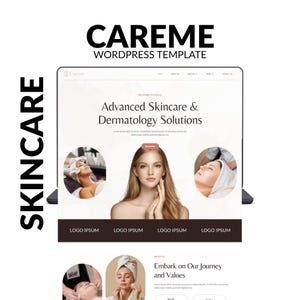 May include: A website template for skincare and dermatology solutions. The design features a clean layout with images of women receiving skincare treatments. The text includes "CAREME" and "Advanced Skincare & Dermatology Solutions."