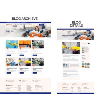 May include: A website design with the text "BLOG ARCHIVE" and "BLOG DETAILS". The website features blog posts with images and text, and a header image of a woman holding cleaning supplies. The website has a clean, modern design.