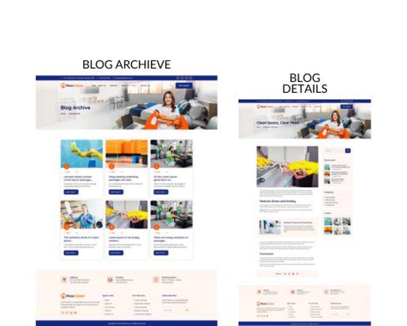 May include: A website design with the text "BLOG ARCHIVE" and "BLOG DETAILS". The website features blog posts with images and text, and a header image of a woman holding cleaning supplies. The website has a clean, modern design.