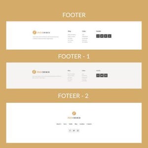 May include: Three website footer designs on a gold background. Each footer features the logo "Holy Church", a blog section, links, and social media icons. The bottom footer includes additional links for About Us, Media, and Contact.