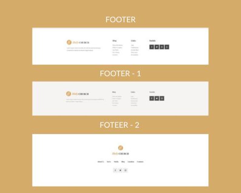 May include: Three website footer designs on a gold background. Each footer features the logo "Holy Church", a blog section, links, and social media icons. The bottom footer includes additional links for About Us, Media, and Contact.